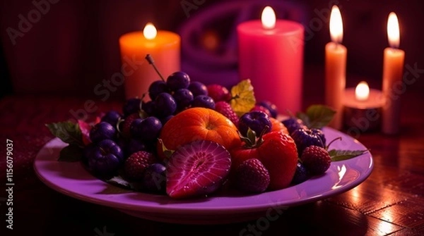 Fototapeta Candlelight illuminates a platter of fruit. The fruit consists of apricots, strawberries, and grapes