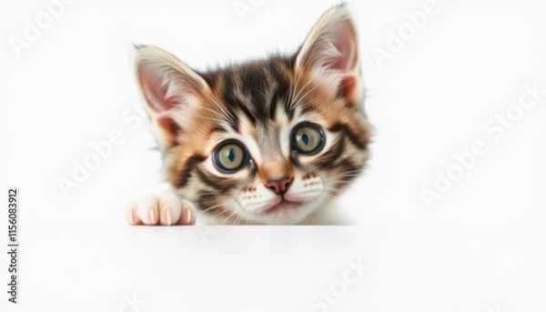 Obraz Adorable Kitten Peeking Over a White Background