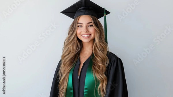 Obraz Happy graduate smiling in cap and gown with green accents