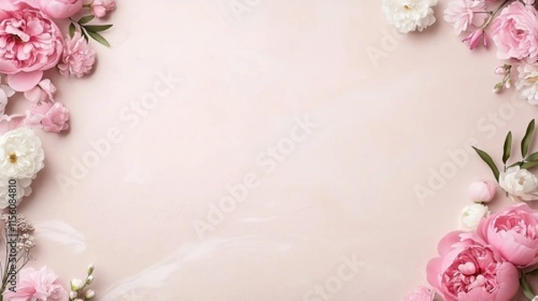 Obraz Elegant floral frame with pink and white roses on pastel background for design projects