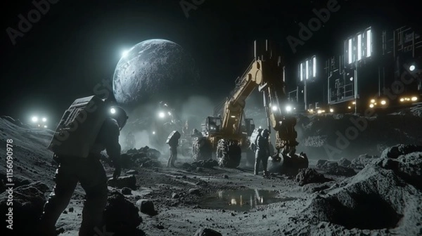 Fototapeta Lunar Construction Site: Astronauts and heavy machinery work under a large moon in a futuristic lunar base.  