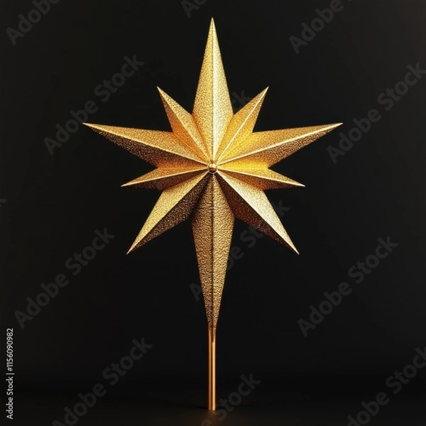 Fototapeta A stunning golden star tree topper with intricate textures shines against a dark background.