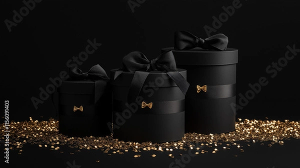 Obraz black gift boxes with black ribbon and golden confetti on black background