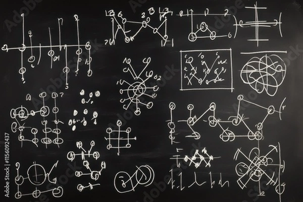 Fototapeta Abstract mathematical sketches on a chalkboard, showcasing complex equations and diagrams in white chalk.