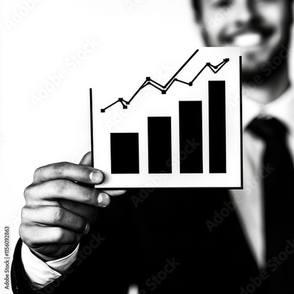 Fototapeta Smiling Caucasian man in a suit holding a growth chart, representing business success and statistical improvement.