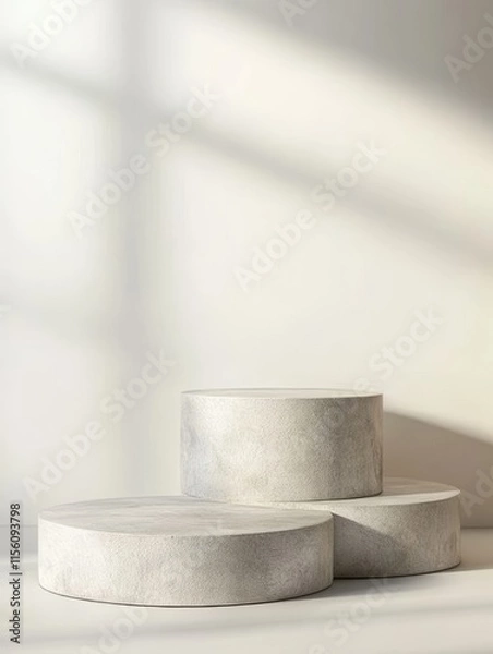 Fototapeta Minimalist concrete podiums with sunlight shadows on white background.
