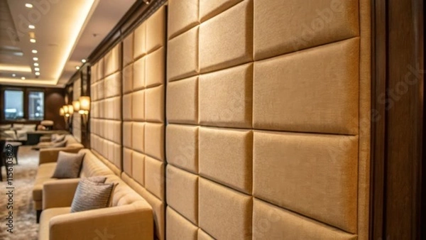 Fototapeta Detailed shot of acoustic panels with a plush fabric surface emphasizing the warm beige tones that blend seamlessly with the cozy atmosphere of the room.