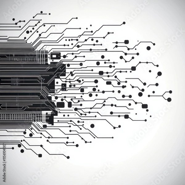 Fototapeta Abstract illustration of digital circuits and connections in black and white, representing technology and innovation.