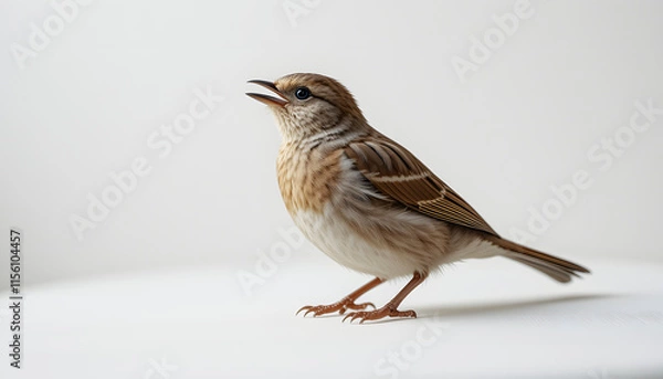 Fototapeta Sparrow in mid-song, feathers in stunning detail, set against a minimalist white background.