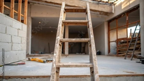 Fototapeta A small ladder leaning against the unfinished structure with the lower rungs dusted and reflecting both wear and the progress of the renovation.
