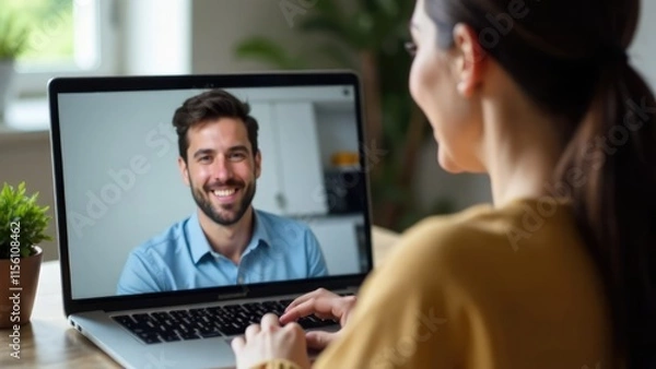 Fototapeta A woman is having a video chat on her laptop with a smiling man visible on the screen. Concept of: Remote connection.