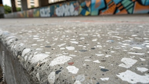 Fototapeta A close look at the concretes surface speckled with traces of white and gray from previous layers of paint giving an artistic flair to the industrial setting.