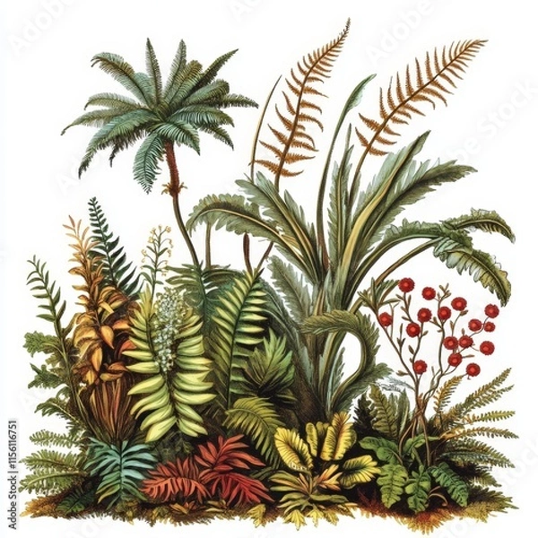 Fototapeta Lush tropical foliage with palm trees, ferns, and berries.