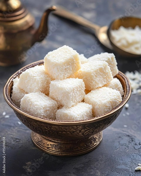 Obraz Delighting in the sweetness of traditional Indian coconut barfi served in a vintage bowl adorned with royal props and studio lights, inviting joy and warmth