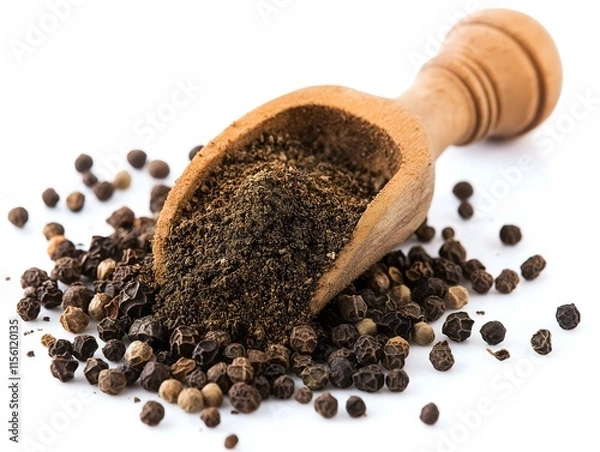 Fototapeta a wooden scoop overflowing with freshly ground black peppercorns against a white background, showcasing the spices deep dark color and coarse texture