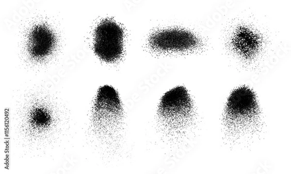 Obraz Set of textured grainy granulated brushes of black color of different shapes and sizes. Small spots of spray paint. Vector illustration on white isolated background.