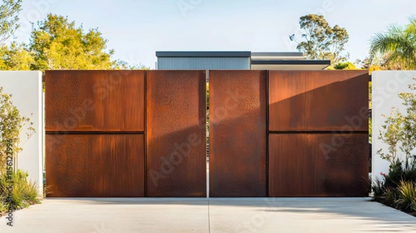 Obraz Contemporary rust-finished corten steel gate with offset panel design and textured edges, leading to a modern eco-friendly estate