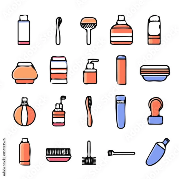 Fototapeta Colorful Icons Set of Perso – Creative and Vibrant Icons for Hand Soap, Toothbrush, and Hygiene Design
