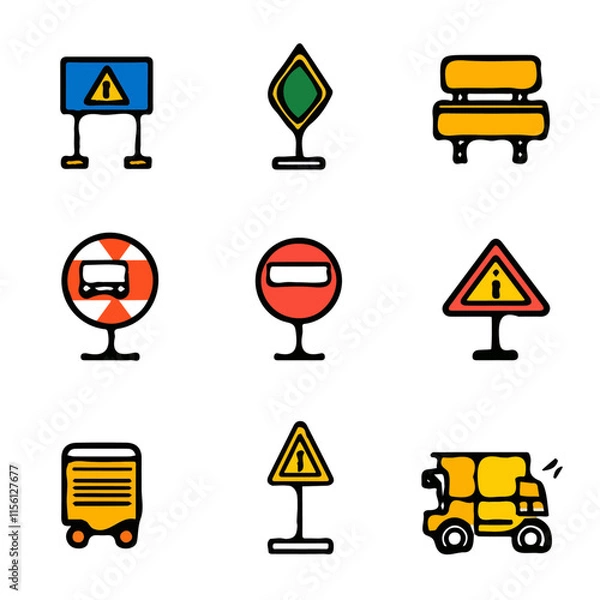 Fototapeta Colorful Traffic Signs – Artistic and Modern Set of Traffic Sign Icons, Vector Art for Traffic and Transportation Design
