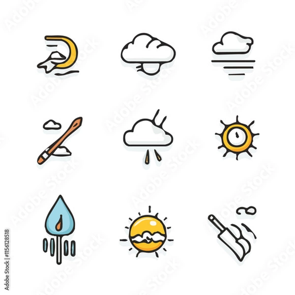Fototapeta Colorful Weather Icons – Artistic and Fun Set of Weather Icons, Vector Art for Weather and Digital Projects
