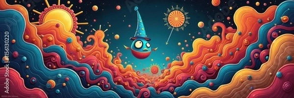 Fototapeta A whimsical, colorful illustration featuring a playful character amidst vibrant clouds and celestial elements, perfect for children's books, apps, or imaginative designs.