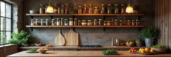 Fototapeta Cozy kitchen with wooden shelves displaying jars and fresh produce, perfect for culinary inspiration and home cooking.