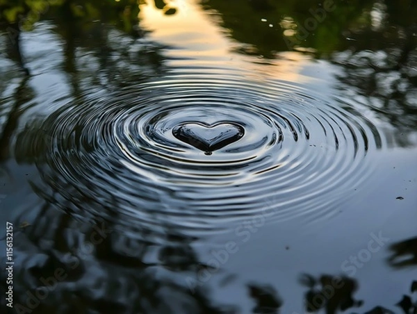 Fototapeta a heart-shaped ripple in dark water at sunset, creating a romantic and tranquil scene