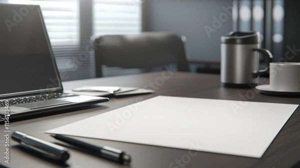 Fototapeta Workspace setup with laptop, blank paper, and office supplies during daylight hours