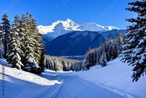 Fototapeta Peaceful Winter Scene Featuring a Snowy Road, Surrounded by Trees and Majestic Mountains in the Distance