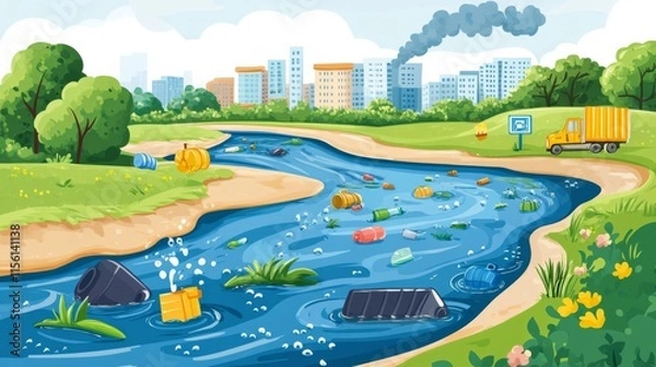 Fototapeta Pollution in River with Educational Labels
