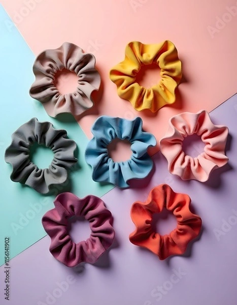 Fototapeta Soft Colorful Scrunchies Arranged On Pastel Background