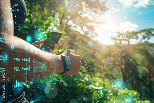 Fototapeta Person using a fitness tracker and smartphone outdoors in a lush green environment, analyzing health data with digital interface overlays and sunlight filtering through the trees
