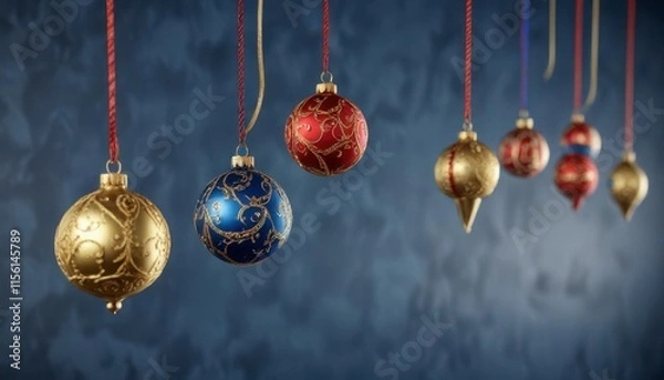 Fototapeta Ornaments hanging from a blue string background with gold and red accents,  ornament elements,  colorful accents