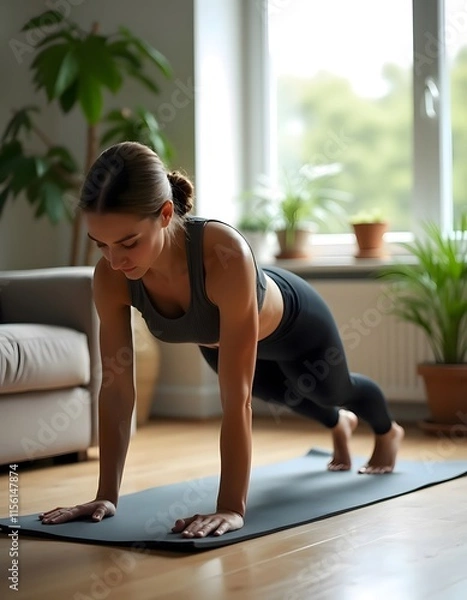 Fototapeta Woman Plank Pose Home Fitness Gray Outfit Yoga Mat
