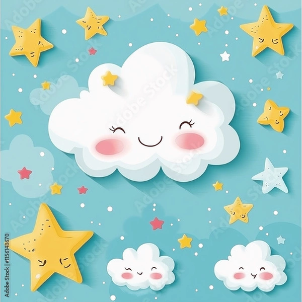 Fototapeta Cute cartoon stars and clouds on a soft pastel sky background, playful and cheerful design