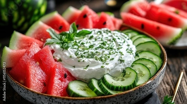 Fototapeta A summer platter featuring refreshing cacık (yogurt with cucumber) and watermelon slices 