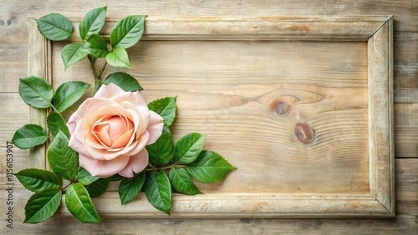 Fototapeta A delicate rose flower with lush green leaves framed in a ornate wooden border, set against a soft muted background