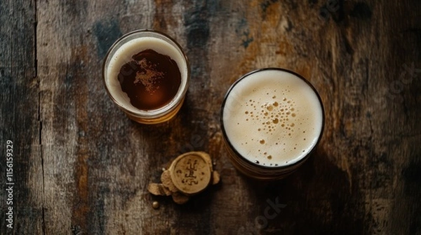 Fototapeta A rustic boilermaker with a shot of whiskey next to a frothy beer, served on a vintage wood surface 