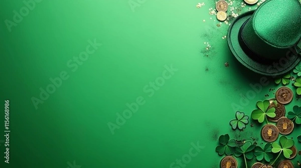 Fototapeta Green leprechaun hat, shamrocks and gold coins composing a St. Patrick's Day greeting card