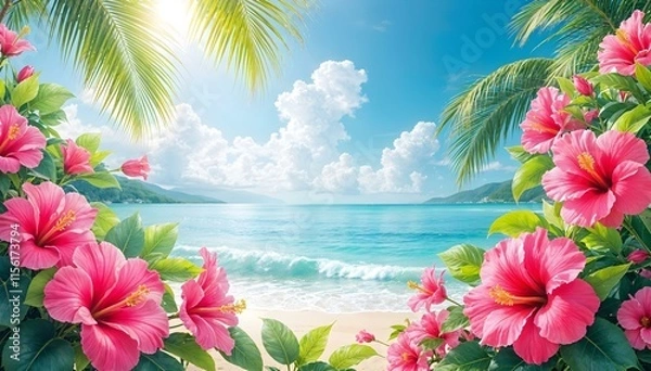 Obraz Beach with Hibiscus Flowers