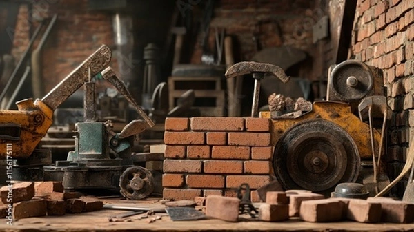 Fototapeta An artistic view of old-fashioned bricklaying tools beside modern equipment, contrasting techniques, 