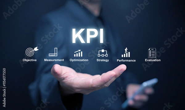 Fototapeta KPI key performance indicator. A businessman, in his hand, uses KPIs to measure progress of his business, project, or work over time to reach the goals