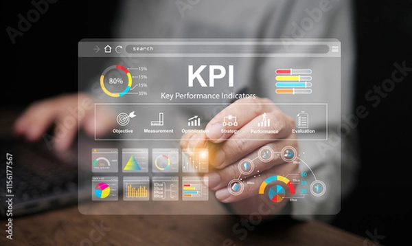 Obraz KPI key performance indicator. A businessman with a stylus tapping on virtual screen to use KPIs to measure progress of his business, project, or work over time to reach the goals