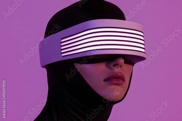 Fototapeta A futuristic depiction of hypnosis with a glowing headset connected to a digital screen projecting calming visuals for relaxation