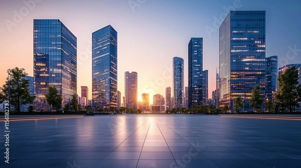 Fototapeta Modern cityscape at sunset, reflecting on a wide plaza.