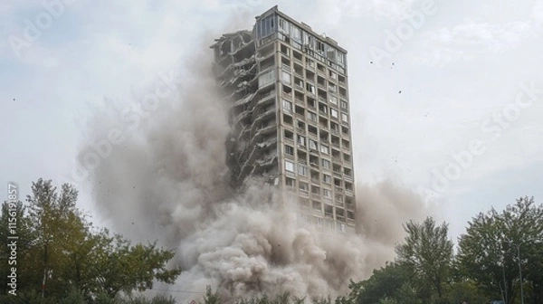 Obraz A towering building collapses in a cloud of dust, showcasing the dramatic impact of demolition and the power of urban change.