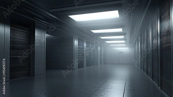 Obraz Modern server room corridor with rows of data storage racks and bright ceiling lights.