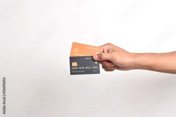 Fototapeta Hand is hold two credit cards. Black and orange credit cards isolated on white background.