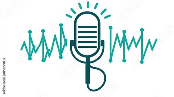Fototapeta Retro microphone icon with sound waves, broadcasting, podcasting concept.