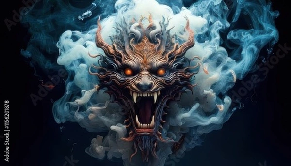 Fototapeta A fierce demonic face with fiery glowing eyes and sharp teeth emerges from swirling smoke, creating a menacing and mystical aura.